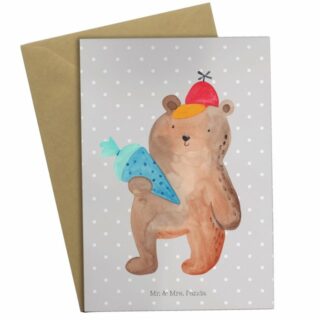 Mr. & Mrs. Panda Grußkarte "Bär mit Schultüte - Grau Pastell - Glückwunschkarte, Geburtstagskarte, Klappkarte, Teddy, Schulbeginn, Teddybär, Grundschule, Einladungskarte"