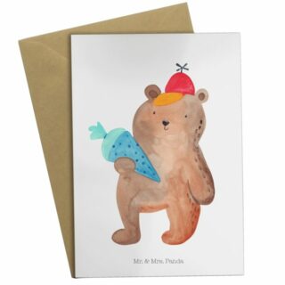 Mr. & Mrs. Panda Grußkarte "Bär mit Schultüte - Weiß - Erster Schultag Geschenk, Einladungskarte, Geburtstagskarte, Schulanfang, Hochzeitskarte, Glückwunschkarte, Teddybär, Teddy"