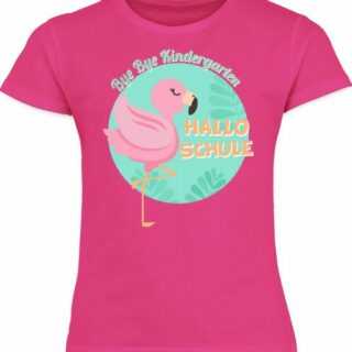 Shirtracer T-Shirt "Bye Bye Kindergarten Hallo Schule Flamingo - Schulkind Einschulung und Schulanfang - Schulanfang Mädchen Kinder T-Shirt" Einschulungs Geschenke Schultüte Füllung Schulranzen Schulrucksack Schule Deko
