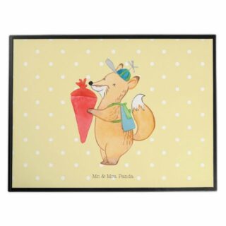 Mr. & Mrs. Panda Schreibtischunterlage Fuchs Schulkind - Gelb Pastell - Geschenk, süße Tiermotive, Schreibwa, (1 tlg)