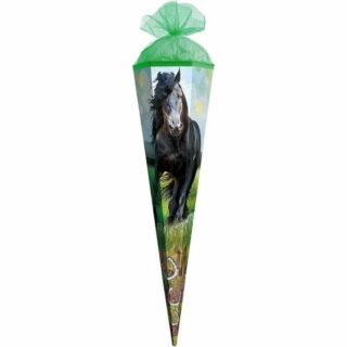 Roth Schultüte Power Horse / Pferd, 50 cm, eckig, mit grünem Tüllverschluss, Zuckertüte für Schulanfang
