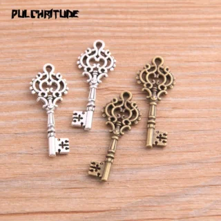 20pcs 12*32mm Two Color Small Hollow Key Charms Pendants Handmade Decoration Vintage For DIY Jewelry Making Findings