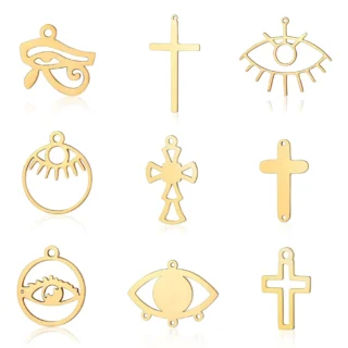 5pcs/lot Religious Cross DIY Charms Wholesale 316 Stainless Steel Evil Eye Connectors Charm Horus Hamsa Hand Jewelry Pendant