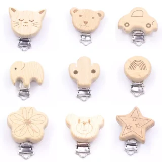 5pieces Kwd 9 Cute Style Wood Cartoon Animal Sucker Natural Chain Beech Beech Box Clip Diy Dummy Clip Accessories