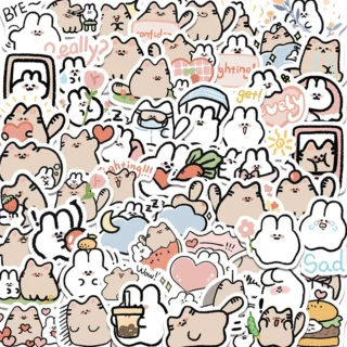 60Pcs Kawaii Cat Rabbit Cartoon Sticker Cute Animal Decals Kids Toys DIY Scrapbook Laptop Stationary Guitar Suitcase Car Sticker