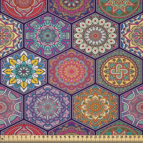 Abakuhaus Stoff DIY Bastler Stoff für Dekorationszwecke, Mandala Oriental Hexagon Motiv