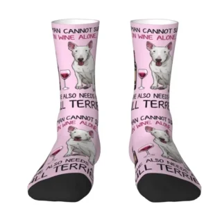 Cute Men's Bull Terrier And Wine Funny Dog Dress Socks Unisex Warm Comfortable 3D Printing Crew Socks