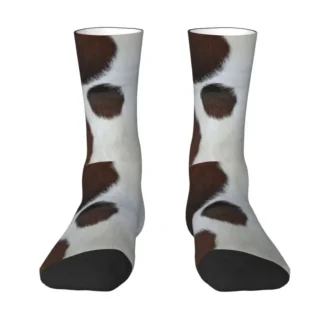 Funny Mens Farmhouse Cow Browm Skin Pattern Dress Socks Unisex Breathbale Warm 3D Printed Cow Cowhide Crew Socks