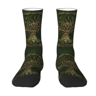 Green And Gold Tree Of Life Men's Crew Socks Unisex Cool 3D Printed Vikings Yggdrasil Dress Socks