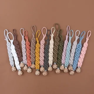 Simple Vintage Crochet Baby Pacifier Clip Chain Wooden DIY Dummy Nipple Holder Clips Handmade Cotton Woven Pacifier Chain