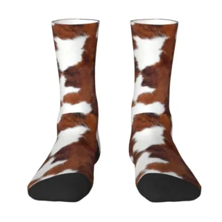 Spotted Brown Farm Animal Skin Mens Crew Socks Unisex Fashion 3D Printing Cow Fur Cowhide Texture Printing Dress Socks