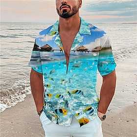 Ocean Scenery Marine Life Herren Resort Hawaiian 3D Printed Shirt Kubanischer Kragen Kurzarm Sommer Strand Aloha Shirt Urlaub Täglich Tragen S bis 3XL
