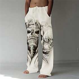 Skull Graphic Herren Subculture 3D Printed Linen Pants Hose Elastic Waist Drawstring Loose Fit Straight-Leg Streetwear Pants S TO 3XL