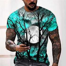 Trees Casual Mens 3D Shirt For Halloween Purple Summer Cotton Men'S Unisex Tee Moon Graphic Prints Crew Neck Wine Blue Yellow Red 3D Daily Short