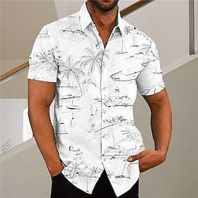 Tropische Kokosnussbaum Herren Resort Hawaiian 3D Printed Shirt Button Up Kurzarm Sommer Strand Aloha Shirt Urlaub Täglich Tragen S bis 3XL