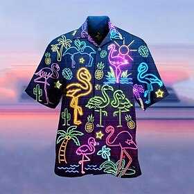 Tropischer Flamingo Herren Resort Hawaiian 3D Printed Shirt Cuban Collar Kurzarm Sommer Strand Aloha Shirt Urlaub Täglich Tragen S bis 3XL