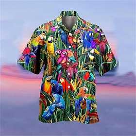 Tropischer Papagei Herren Resort Hawaiian 3D Printed Shirt Kubanischer Kragen Kurzarm Sommer Strand Aloha Shirt Urlaub Täglich Tragen S bis 3XL