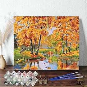 1-teiliges, einfaches DIY-Ölgemälde-Set „Herbsteich" 40 x 50 cm, rahmenlos, mit numerischen Acryl-, Aquarell- und Ölfarben, entspannendes und unterhaltsames Ho