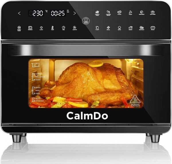 CalmDo Heißluftfritteuse 25L, 1800W Airfryer Backofen, Fritteuse Heißluft, Toaster, Dörrgerät, Digitalen LED-Display mit 12 Programme, 5 Zubehör und Rezeptheft, Schwarz