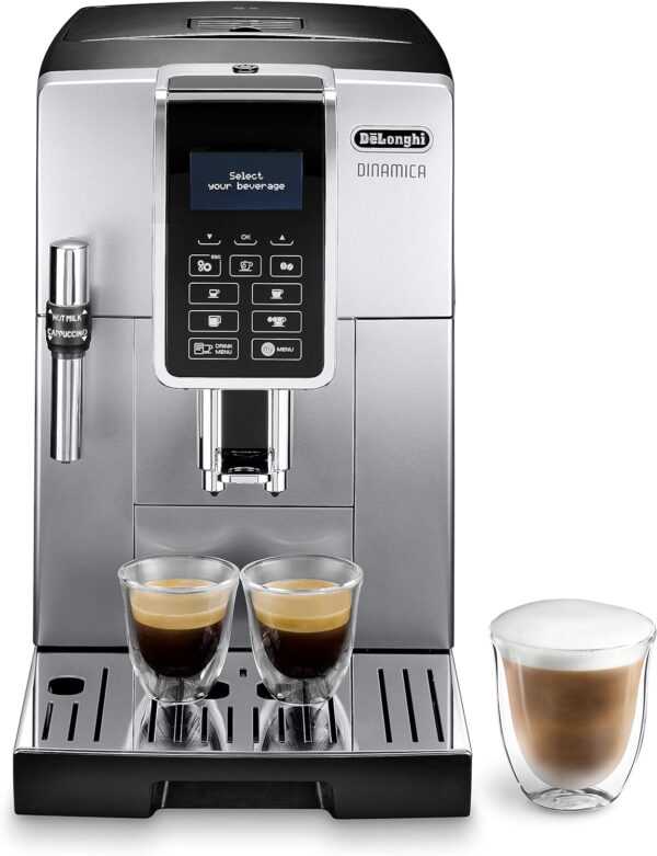 Delonghi Dinamica ECAM 350.35.SB Kaffeevollautomat mit Profi-Milchaufschäumdüse für Cappuccino, Espresso, Kaffee und Long Coffee Direktwahltasten, Klartext Digitaldisplay, 2-Tassen-Funktion, Silber