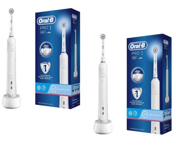 Doppelpack Oral-B PRO 1 200 Elektrische Zahnbürste/Electric Toothbrush für eine gründliche Zahnreinigung, 3 Putzprogamme, Drucksensor & Timer, 1 Sensitive Clean Aufsteckbürste, Geschenk Mann/Frau, weiß