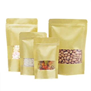 Food Grade Moisture Proof Kraft Paper Coffee Beans Packaging Bags Stand Up Pouch Packeges Kraft Bag With Window