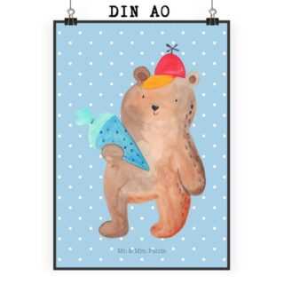 Mr. & Mrs. Panda Poster DIN A0 Bär Schultüte - Blau Pastell - Geschenk, Wanddekoration, Teddy, Bär mit Schultüte (1 St), Einzigartige Designs