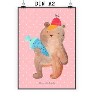 Mr. & Mrs. Panda Poster DIN A2 Bär Schultüte - Rot Pastell - Geschenk, Wanddeko, Kunstdruck, Bär mit Schultüte (1 St), Lebendige Farben