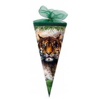Nestler Schultüte Tiger, 22 cm, rund, mit grünem Tüllverschluss, für Geschwister