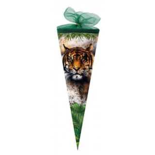 Nestler Schultüte Tiger, 35 cm, rund, mit grünem Tüllverschluss