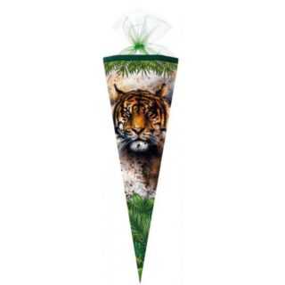 Nestler Schultüte Tiger, 50 cm, rund, mit grünem Tüllverschluss