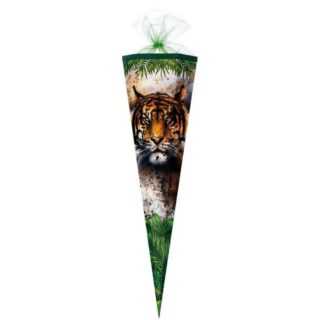 Nestler Schultüte Tiger, 85 cm, eckig, mit grünem Tüllverschluss
