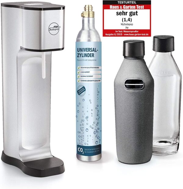 Sodapop JOY PRESTIGE - Trinkwassersprudler inklusive zwei Glaskaraffen mit Bottle-Shirt und CO2-Zylinder, silver