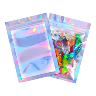 custom logo transparent resealable Smell Proof holographic pouch holographic mylar bags