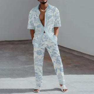 2023 Fashion 3D Print Two Piece Set Men Summer Short Sleeve Lapel Shirts Top and Pants Casual Suit