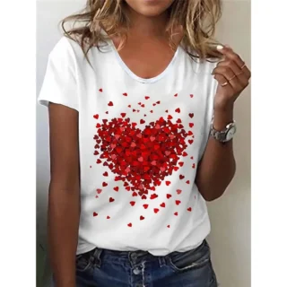 2023 Summer New Retro Women's T-shirt Red Heart Fashion 3D Printing Short-sleeved Casual Street