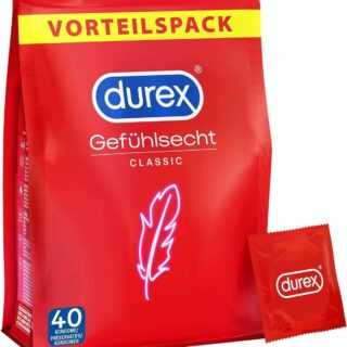 40er Pack Durex Gefühlsecht Classic Kondome - Perfekter Sitz & leichtes Abrollen - Dünn, befeuchtet, transparent, angenehmer Geruch (1 x 40 Stück)