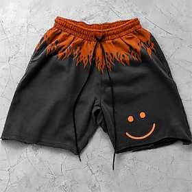 Herren-Shorts mit Smiley- und Flammen-Print, Sommer-Shorts, Hawaii-Shorts, Seitentaschen, elastischer Bund mit Kordelzug, 3D-Print, atmungsaktiv, weich, kurz,