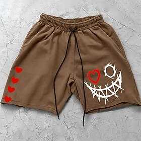 Herren-Shorts mit Smiley- und Herz-Print, Sommer-Shorts, Hawaii-Shorts, Seitentaschen, Kordelzug, elastische Taille, 3D-Print, atmungsaktiv, weich, kurz, lässi