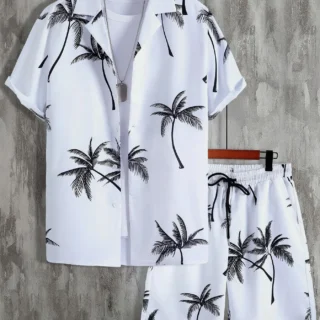 Men's Shirt Sets 3d Print Beach Coconut Tree Plaid Lapel Short Sleeve Casual Shirt Beach Shorts
