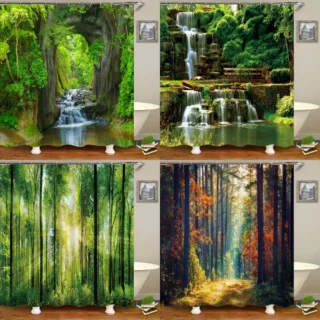 Modern 3D Printing Forest Shower Curtain Green Plant Tree Landscape Bath Curtain With Hooks For
