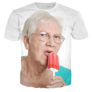 New Fashion Senior Women Licking Red Popsicle 3d Printed Summer Men's T-shirt Kawaii Grandma Fun