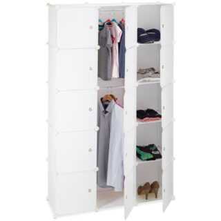 Regalsystem Kleiderschrank mit 11 Fächern, Garderobe mit 2 Kleiderstangen, diy Kunststoff Steckregal, weiß - Relaxdays