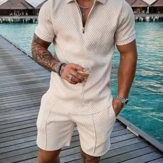 Summer Fashion Men Clothing 3D Print Solid Color Polo Shirt And Shorts 2pcs Sets Trend Zipper