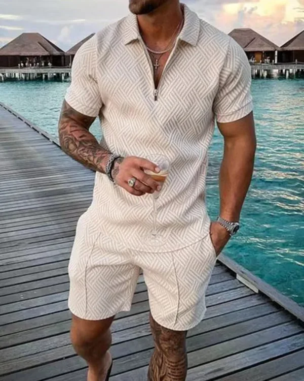 Summer Fashion Men Clothing 3D Print Solid Color Polo Shirt And Shorts 2pcs Sets Trend Zipper