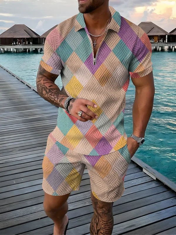 Summer Fashion Men's Sweatsuit set Colored Patches 3D Print Casual Zipper Polo Shirt + Shorts 2pcs