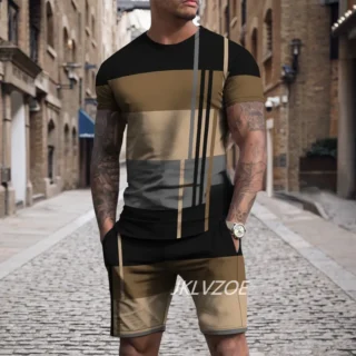 Summer T shirt Set For Men Striped 3D Print Men's T-shirt Short Sleeve+Shorts 2-Piece Set Oversized