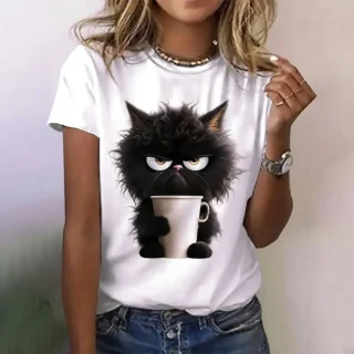 Summer Women's T Shirt Cat Print Casual Short Sleeve 3d T Shirts Fashion Streetwear Crew Neck