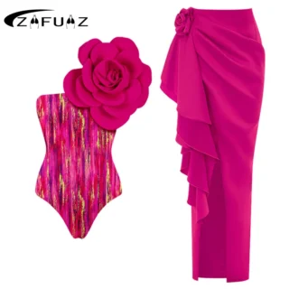 ZAFUAZ 2023 Sexy One Piece Swimsuit Skirt Summer Women Halter 3D Flower Print Swimwear Beach Dress